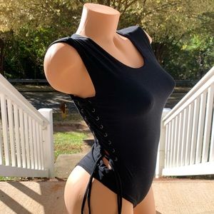 Sexy Black Tie-side Lace-up Tie Bodysuit Snap Crotch Figure-hugging Top